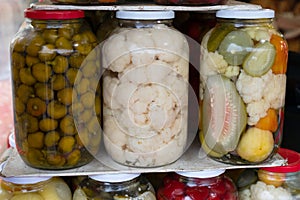Jar of assorted pickles