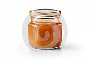 Jar of baby puree or caramel sauce isolated on white background. Close up mockup