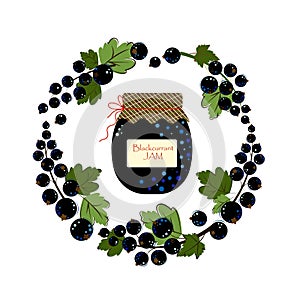 Jar of Blackcurrant Jam. Homemade Jam from Fresh Berries. Flat style Vector Illustration