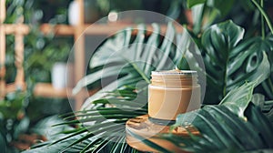 Jar of Body Butter Surrounded by Tropical Leaves