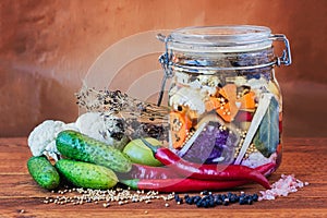 Jar of Brined Lacto-fermented Pickles. photo