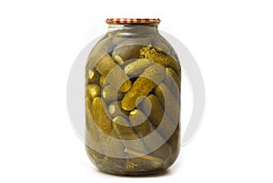 Jar of canned cucumbers isolated on white background. Pickled cucumbers in a glass jar