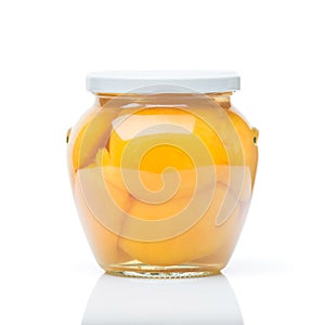 Jar of canned peaches isolated