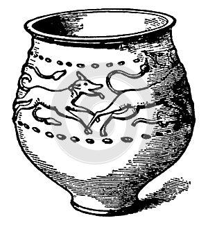 Jar of Castor ware with reliefs of a stag pursued by a hound, vintage engraving