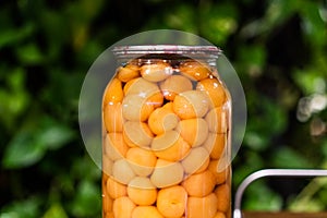 Jar of cherry plum compote close view