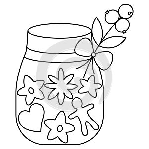 Jar of Christmas cookies. Sketch. The glass container is decorated with a ribbon, bow and berries. Pastries in the shape of a star