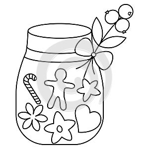 Jar of Christmas cookies. Sketch. The glass container is decorated with a ribbon, bow and berries. Pastries in the shape of a star