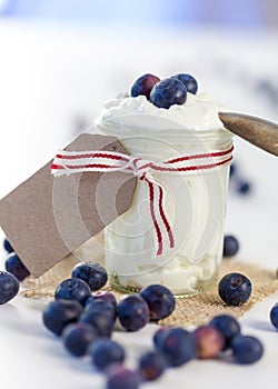 Jar of clotted cream or yogurt with blueberries photo