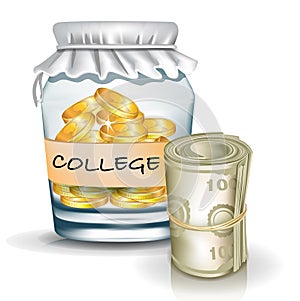 Jar with coins; college savings concept