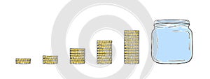Jar and coins. Staircase of coins. Hand drawn image. Vector illustration