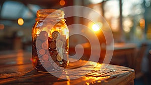 Jar of coins at sunset - generative ai