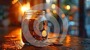 Jar of coins at sunset - generative ai