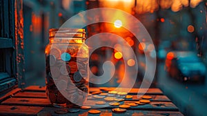 Jar of coins at sunset - generative ai