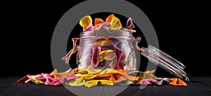 Jar of colorful farfalle pasta on wooden table isolated on black background