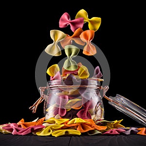 Jar of colorful farfalle pasta on wooden table isolated on black background