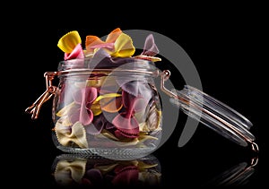 Jar of colorful farfalle pasta on wooden table isolated on black background