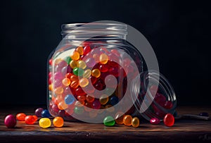 Jar of colorful marbles. A glass jar is full of balls. Generative AI