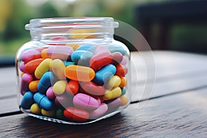 Jar with colorfull vitamin pills healthy vital capsules pharmaceutical medicine omega supplement oil nutriment nutrient