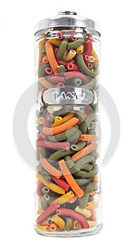 Jar of colourful penne pasta