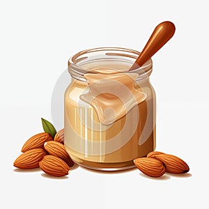 A jar of creamy almond butter surrounded by whole almonds on a clean white background photo