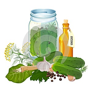 Jar with cucumbers and ingredients for pickles preparation