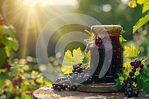 A jar of currant jam on a green background illuminated by rays. Dark jam on background of black currants. Glass jar