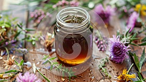 A jar of dark robust honey surrounded by fresh herbs and wildflowers echoing the natural origins and complexity of its photo
