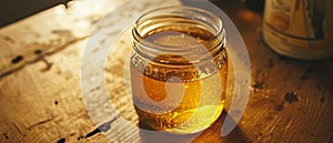 Jar of delicious honey on the table, looks delicios