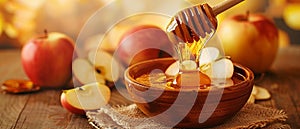 Jar of delicious honey on the table, looks delicios photo