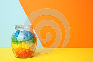 Jar of delicious jelly beans on color background