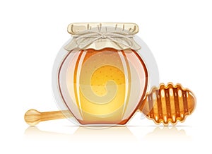 Jar and dipper for honey. Vector illustration.