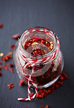Jar of dried chili flakes
