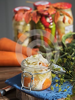 Jar with fermented vegetables. Fermented, canned vegetarian food, concepts. Cabbage, dill, carrots, green peppers. The concept of