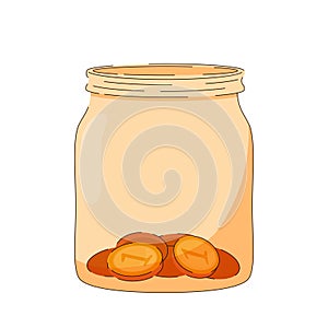 Jar with a few coins at the bottom. Concept financial literacy, savings, bank deposits, donation