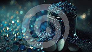 a jar filled with blue glitter next to two white eggs