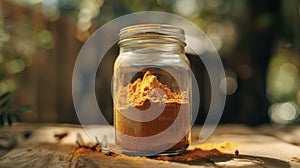 A jar filled with bright orange turmeric powder a powerful antiinflammatory ingredient commonly used in Chinese herbal photo