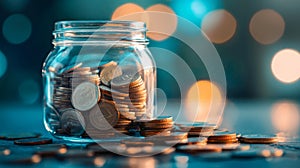 Jar filled with coins and bokeh lighting background photo