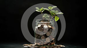 a jar filled with coins and a plant growing out of it. Generative Ai