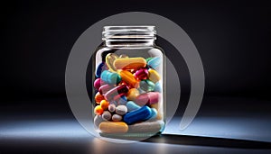 Jar filled with colorful capsules and tablets against a dark background