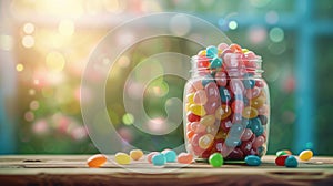 A jar filled with colorful jelly beans showcasing the array of hues and flavors associated with Easter photo