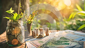 Jar Filled With Money on Wooden Table