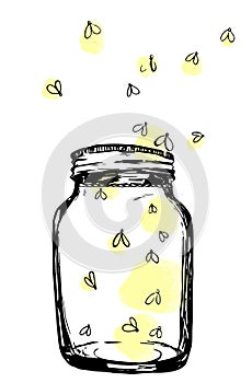 Jar with fireflies. Hand-drawn artistic illustration for design, textile, prints.