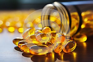 Jar with fish oil omega-3 vitamin pills healthy vital capsules pharmaceutical medicine omega supplement oil nutriment