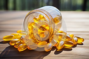 Jar with fish oil omega-3 vitamin pills healthy vital capsules pharmaceutical medicine omega supplement oil nutriment