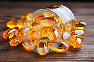 Jar with fish oil omega-3 vitamin pills healthy vital capsules pharmaceutical medicine omega supplement oil nutriment