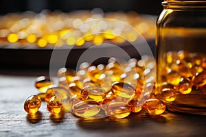 Jar with fish oil omega-3 vitamin pills healthy vital capsules pharmaceutical medicine omega supplement oil nutriment