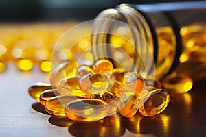 Jar with fish oil omega-3 vitamin pills healthy vital capsules pharmaceutical medicine omega supplement oil nutriment photo