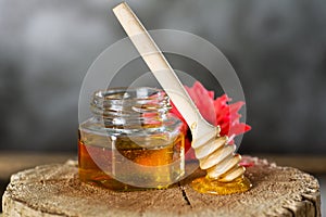 Jar with fresh bee honey and wooden dipper on a gray background. Space for text