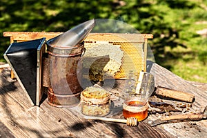 Jar of fresh honey in a glass jar, beekeeping tools outside. frame with bees wax structure full of fresh bee honey in honeycombs.