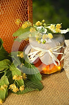 Jar full of delicious fresh honey linden flowers and honeycomb frame